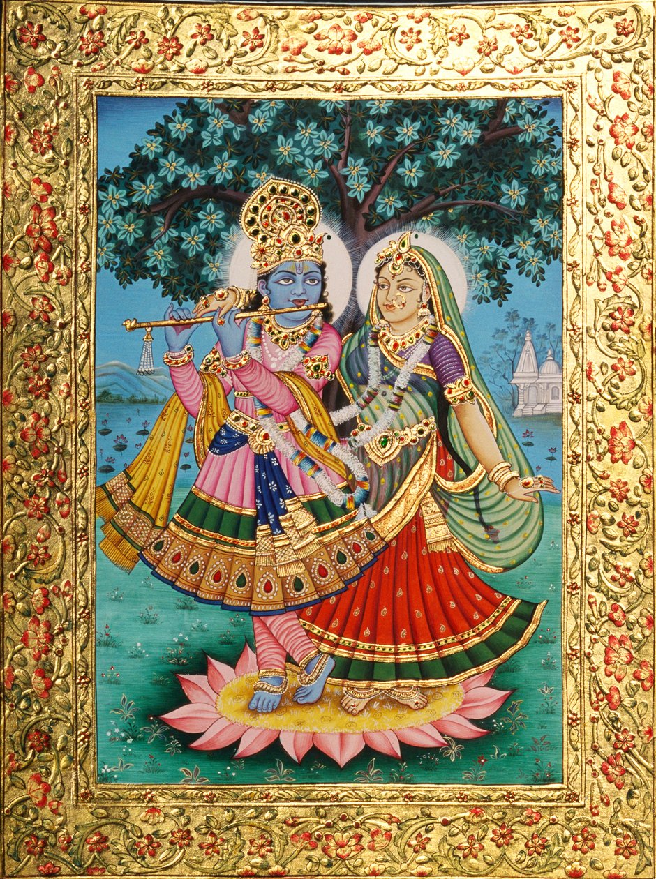 Radha Krishna miniatűr festmény papírra arany dombornyomással alkotó: School Indian