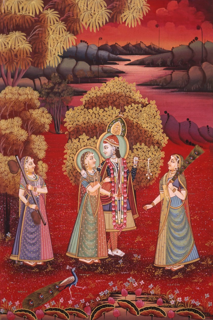 Radha Krishna miniatűr festmény selyemre alkotó: School Indian