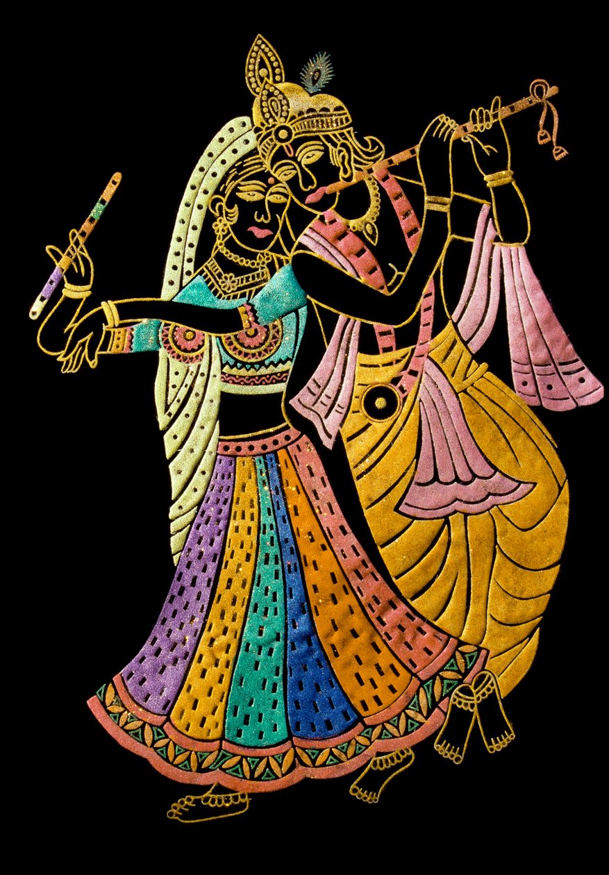 Radha Krishna miniatűr festmény bársonyra alkotó: School Indian
