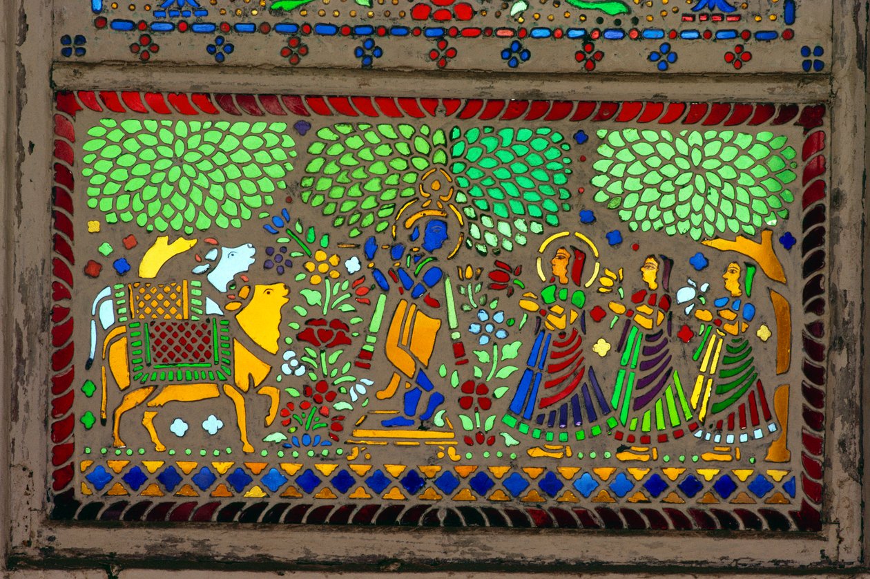 Radha Krishna és Sakhi a festett üvegfestményen alkotó: School Indian