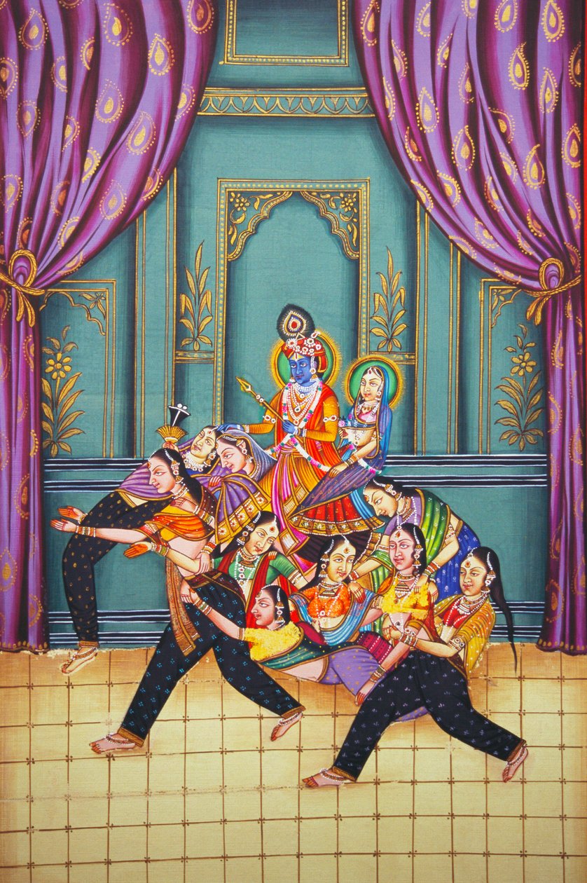 Radha Krishna Sakhis miniatűr festmény papírra alkotó: School Indian