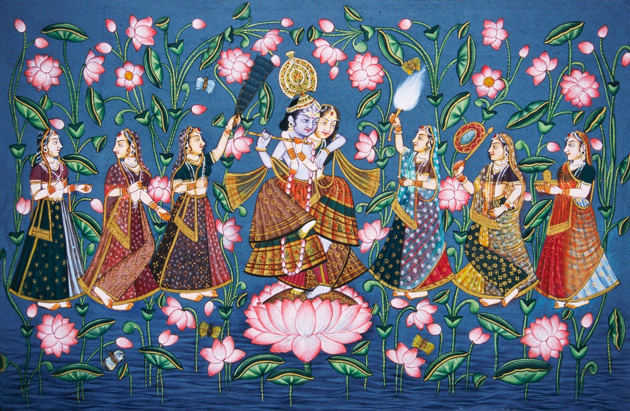 Radha Krishna Sakhis miniatűr festmény papírra alkotó: School Indian