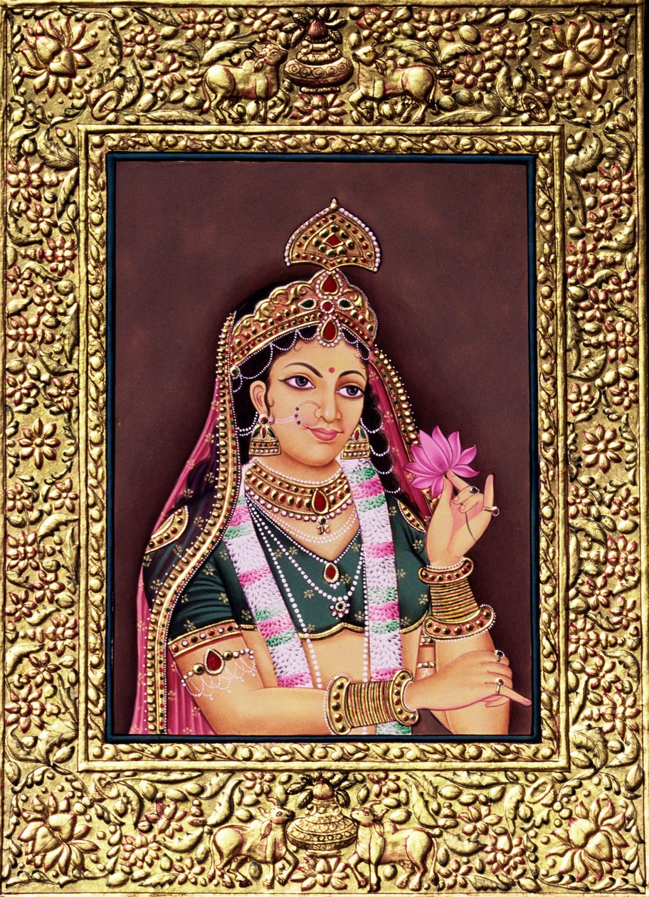 Radha miniatűr festmény papírra arany dombornyomással alkotó: School Indian