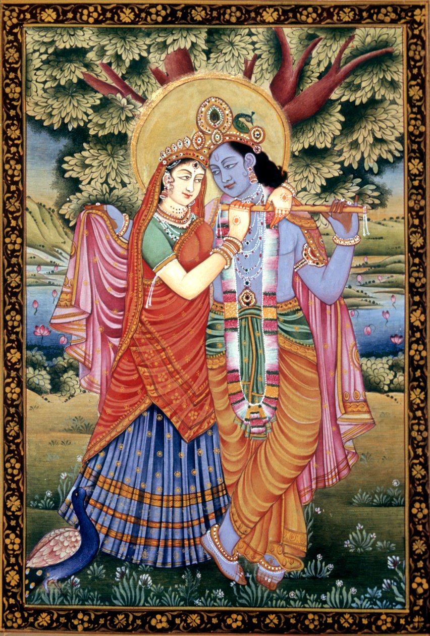 Radha és Krishna szerelmi jelenet miniatűr festmény papírra alkotó: School Indian