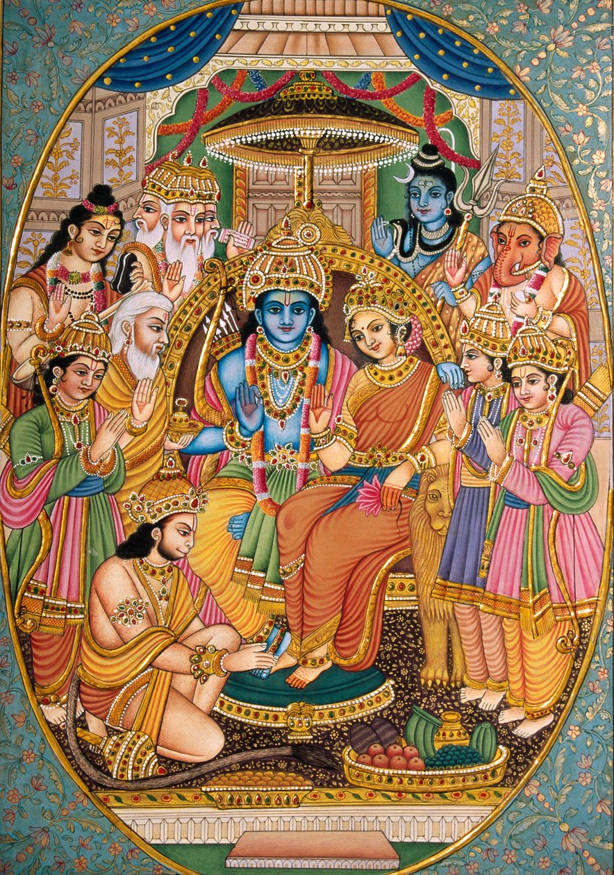 Ram-Darbar más istenekkel Miniatűr festmény papíron alkotó: School Indian
