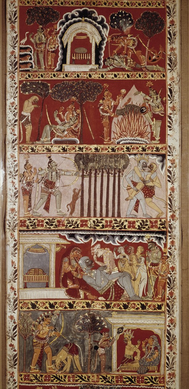 A Ramayana jelenetei, Valmiki a 6. században komponált epikus költemény, amely Ráma legendáját meséli el. Nyugat-Bengál.Victori & Albert Könyvtár. London alkotó: School Indian