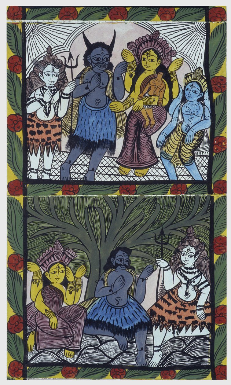 Shiva életet ad Ganesának (Ganesh vagy Ganapati), édesanyja, Parvati karjaiban, miután a harag karjába vágta a fejét. Pat: festett tekercs a bengáli régióból, narratív médiumként szolgál Baoul (vagy baul) zenészek számára. Leonard de Selva specia alkotó: School Indian