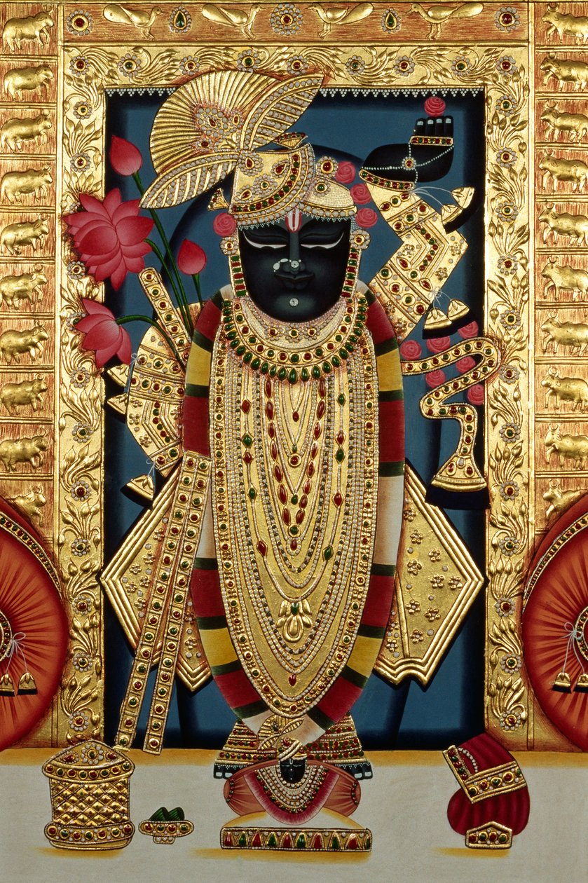 Shri Lord Shree Nathji vagy Shreenathji Nathdwarában Miniatűr festmény papírra arany dombornyomással alkotó: School Indian