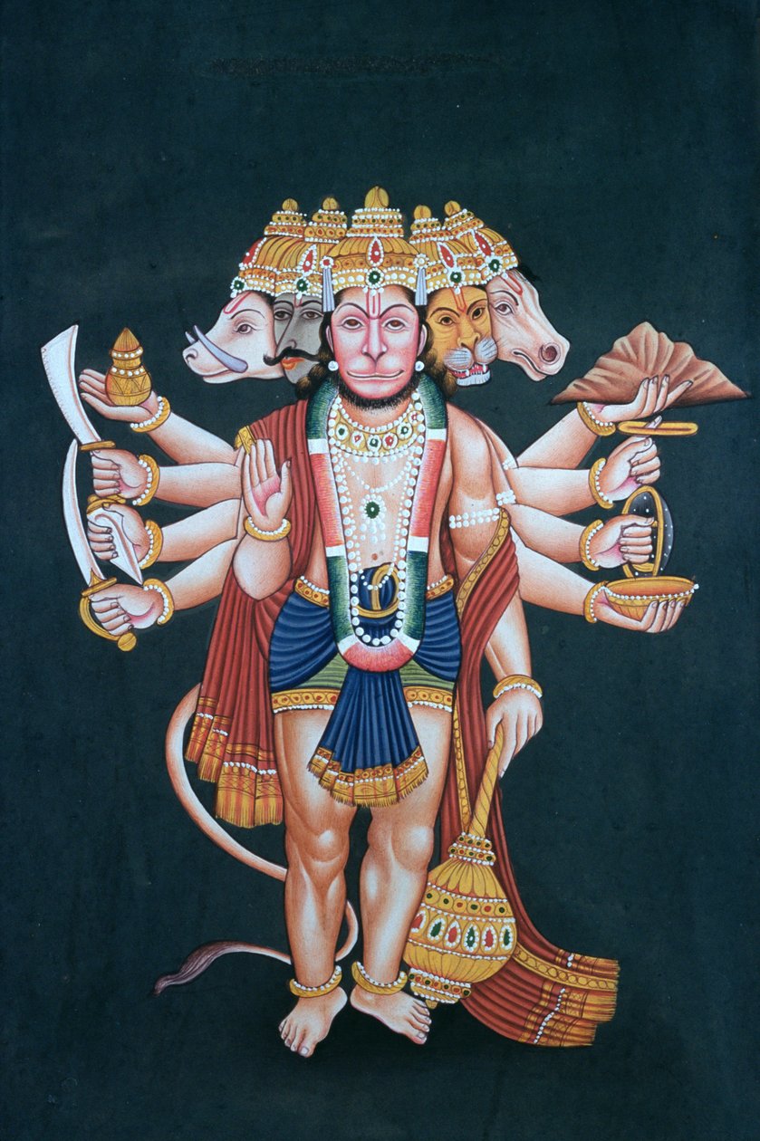 Shri Panchmukhi Hanuman (gouache és akvarell, papír) alkotó: School Indian