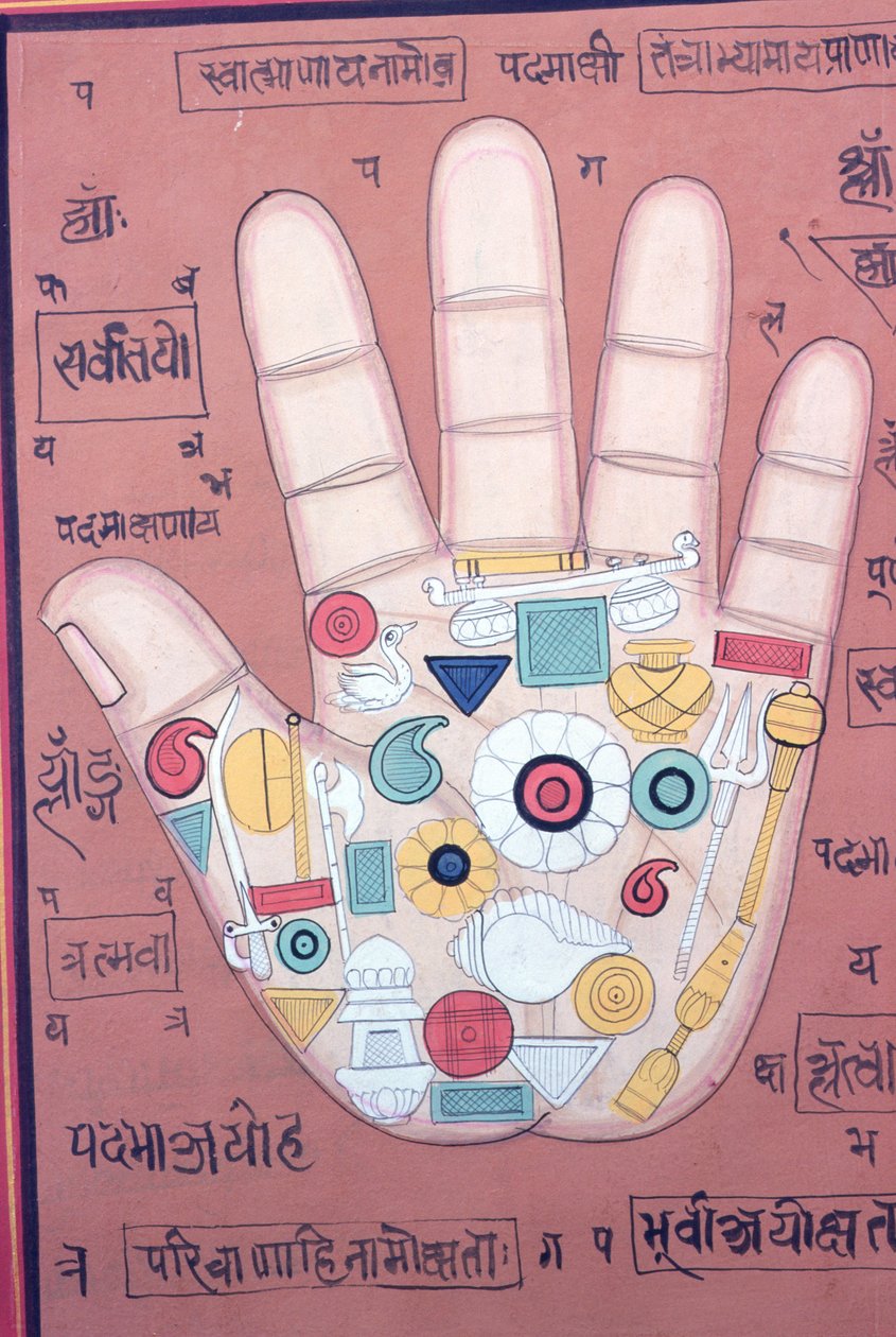 A jobb kéz tantrikus ábrája (gouache és akvarell, papír) alkotó: School Indian