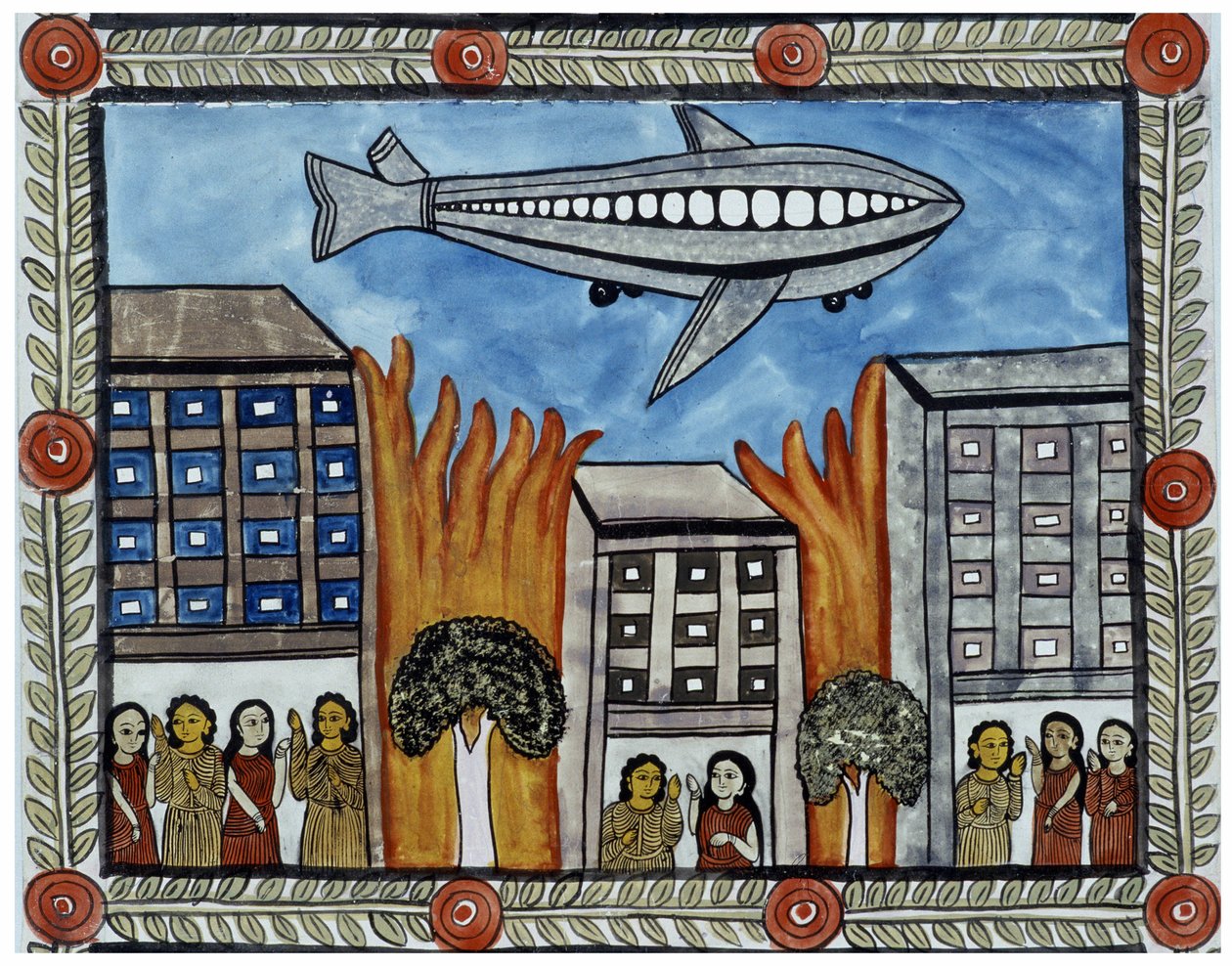 A 2001. szeptember 11-i támadások története, amelyet a bengáli Baul árusok meséltek el. Festmény, sorozat, 6/9 szám, Bengál. alkotó: School Indian