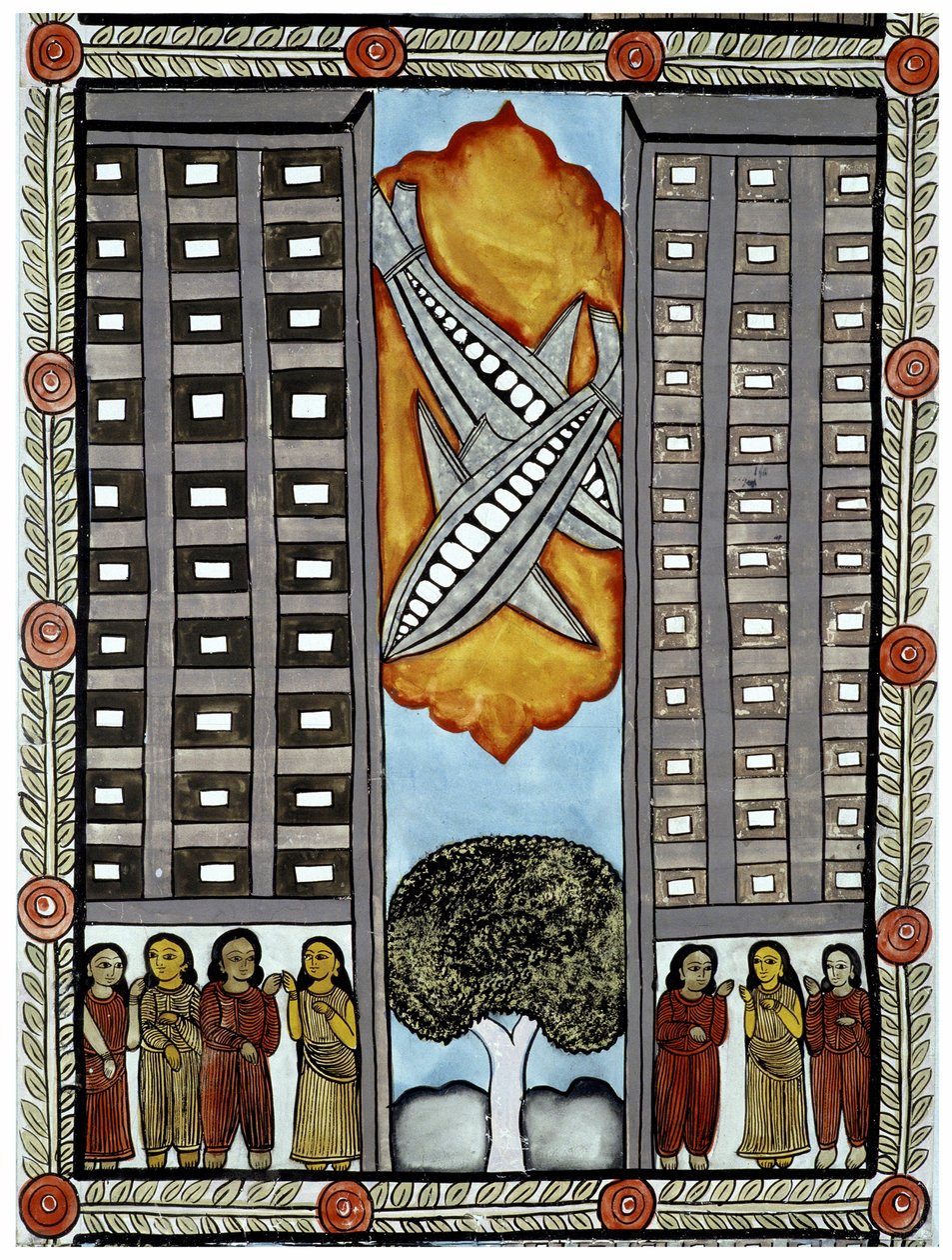 A 2001. szeptember 11-i támadások története, amelyet a bengáli Baul árusok meséltek el, a New York-i Világkereskedelmi Központban részt vevő repülőgépek illusztrációja. Festmény, sorozat, 3/9 szám, Bengál. alkotó: School Indian