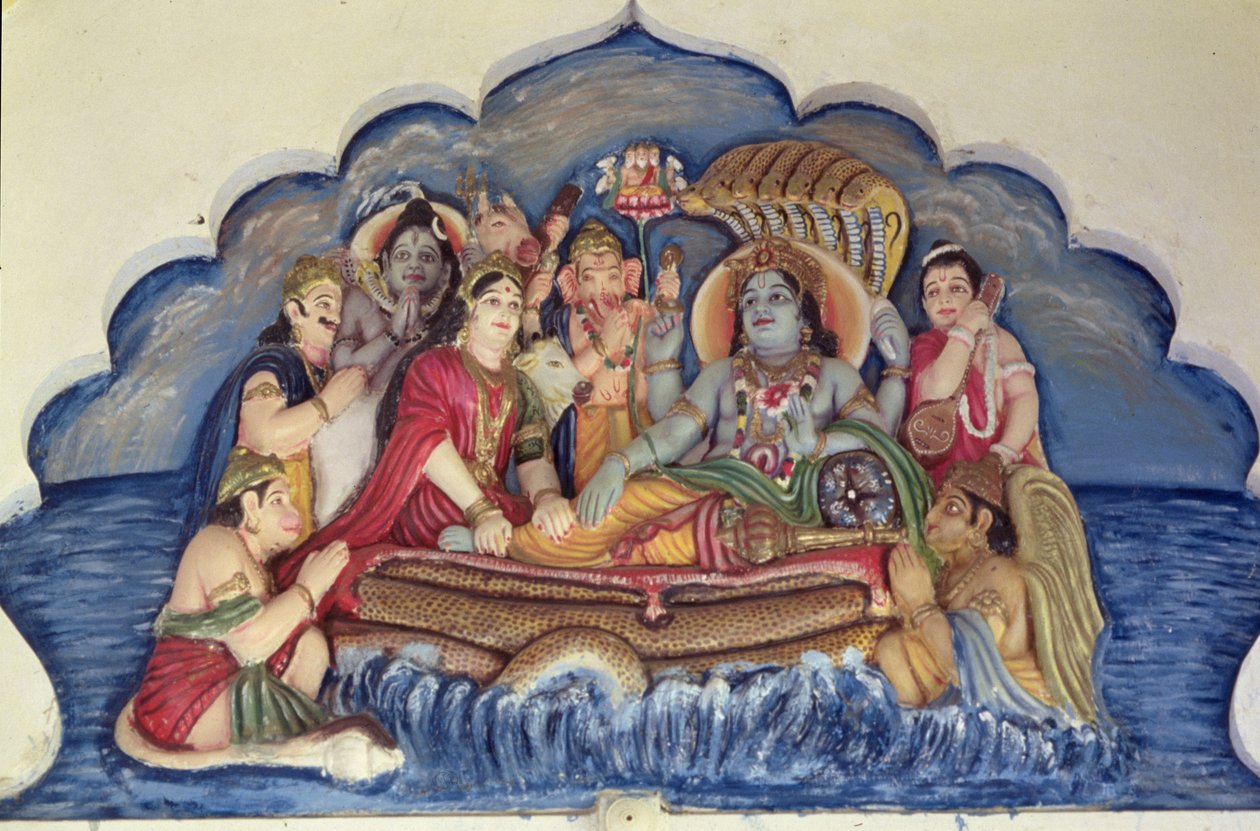 Vishnu Narayana, a Sheshanagán lebegve (festett dombormű) alkotó: School Indian
