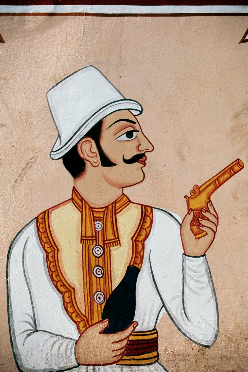 Pisztolyt tartó brit katona falfestménye, Jaipur, Rajasthan, India alkotó: School Indian