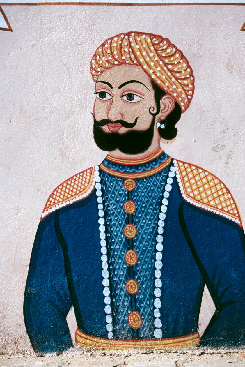 Rajput nemes falfestménye, Jaipur, Rajasthan, India alkotó: School Indian