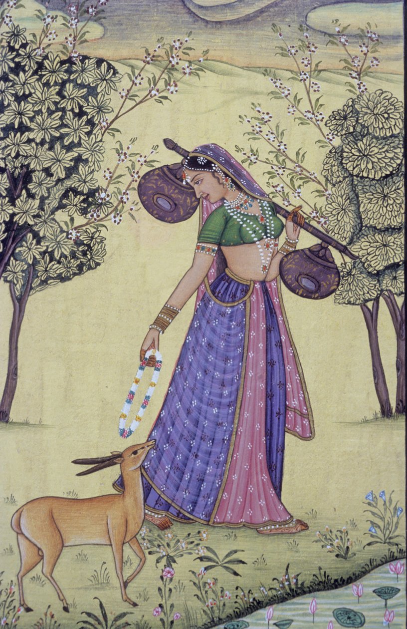Nő tart Rudra Veena és virágfüzér miniatűr festmény, India alkotó: School Indian
