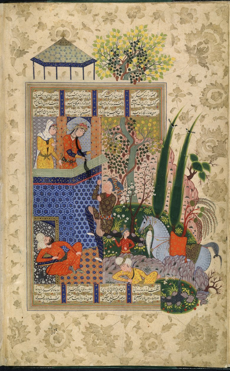 Jal Aat Rudaba erkélye, Shahnama B Firdausiból (Velam) alkotó: School Iranian