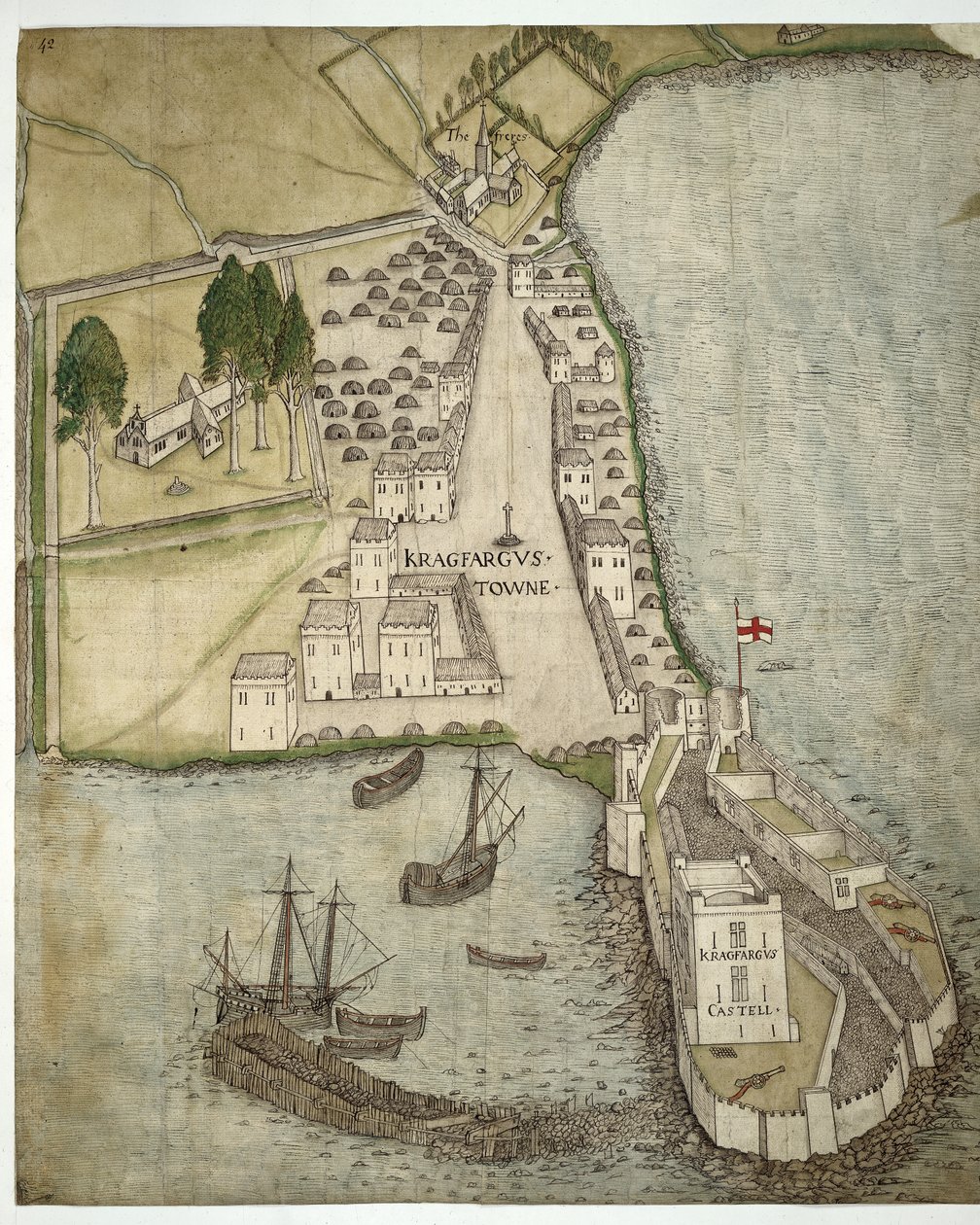 Carrickfergus vára és városa, Írország, 1560 körül (toll, tinta és akvarell papíron) alkotó: School Irish