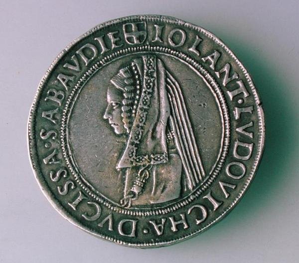 Savoyai Philibert (1497-1504) 4 testű érme (hátralapja), amely feleségét, Iolanta Ludovicát ábrázolja alkotó: School Italian