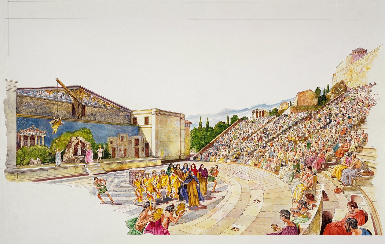 Az ókori Athén - egy színház rekonstrukciója (színes litho) alkotó: School Italian
