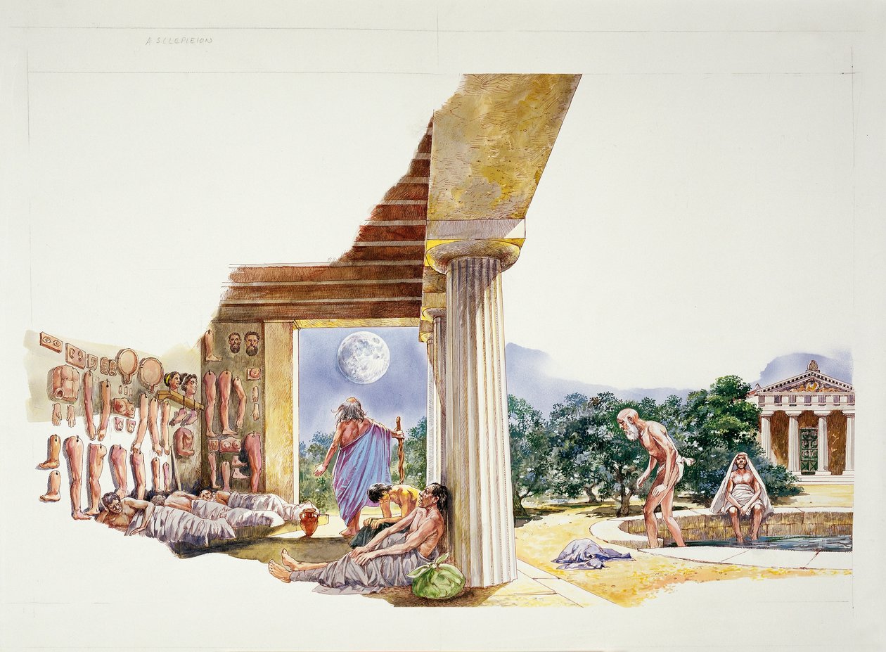 Az ókori Athén - az Asklepieion rekonstrukciója (színes litho) alkotó: School Italian