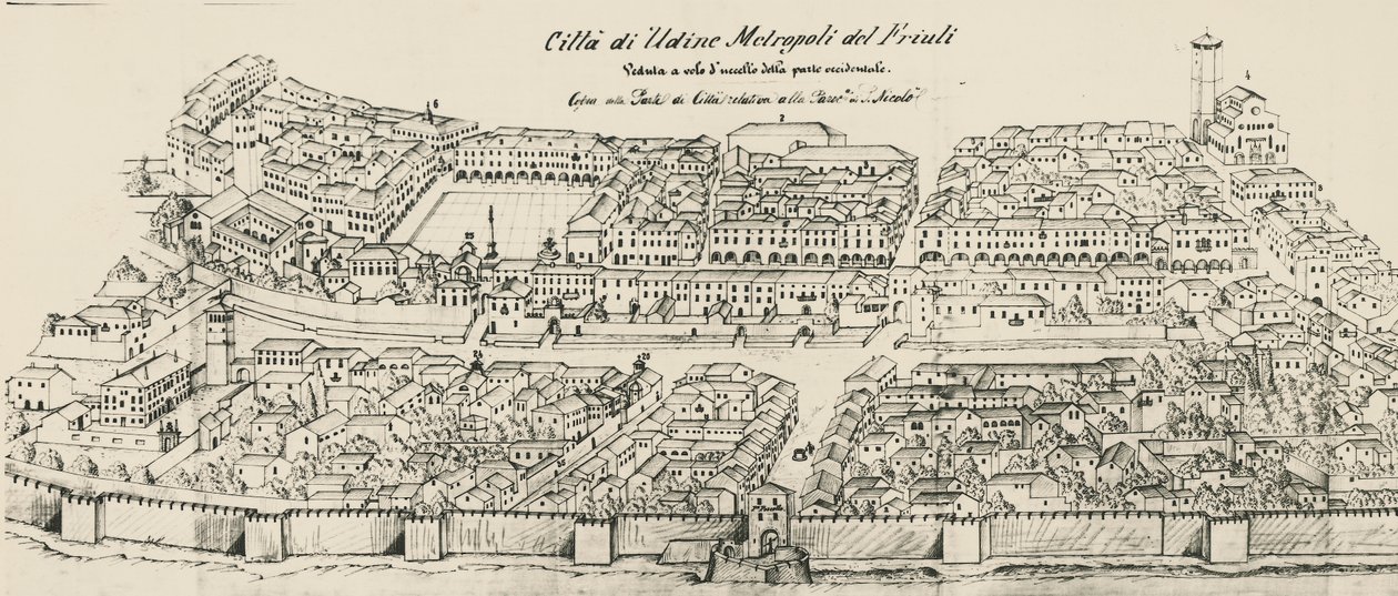 Madártávlat, Udine város nyugati része, metszet, Olaszország alkotó: School Italian