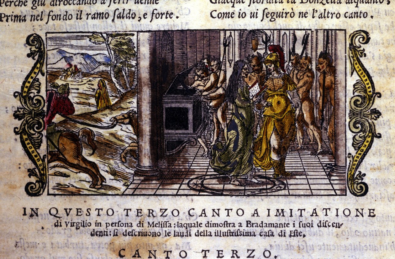 Bradamante találkozik a mágus Melisse-szel, aki elmondja neki, hogy Rogerrel (Ruggero, Ruggiero) megalapították az Este-dinasztiát. A jelenet Ludovico Ariosto (1474-1533) „Orlando Furioso” (A dühöngő Roland) lovagi költeményéből származik, L