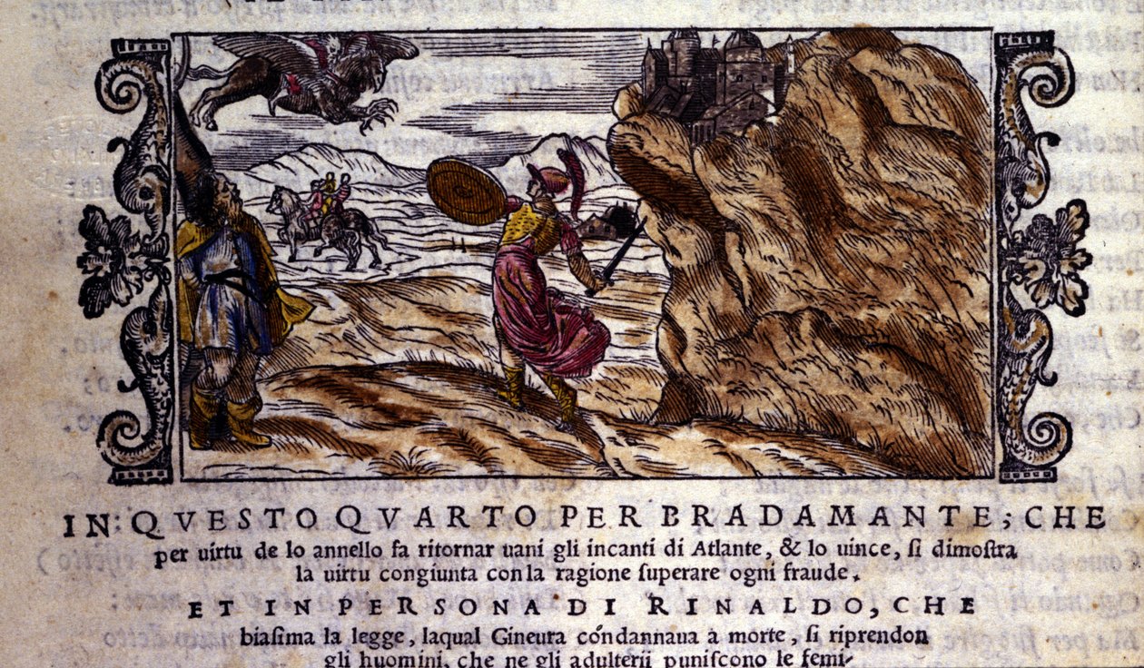 Bradamante letépi Brunel elbűvölő gyűrűjét, aminek köszönhetően lerombolja Atlantisz erejét, és átadja Rogert (Ruggero, Ruggiero), Ludovico Ariosto (1474 - 1533) „Orlando Furioso” (A dühöngő Roland) lovagkölteményének jelenetét. „Arioste, I. ének alkotó: School Italian