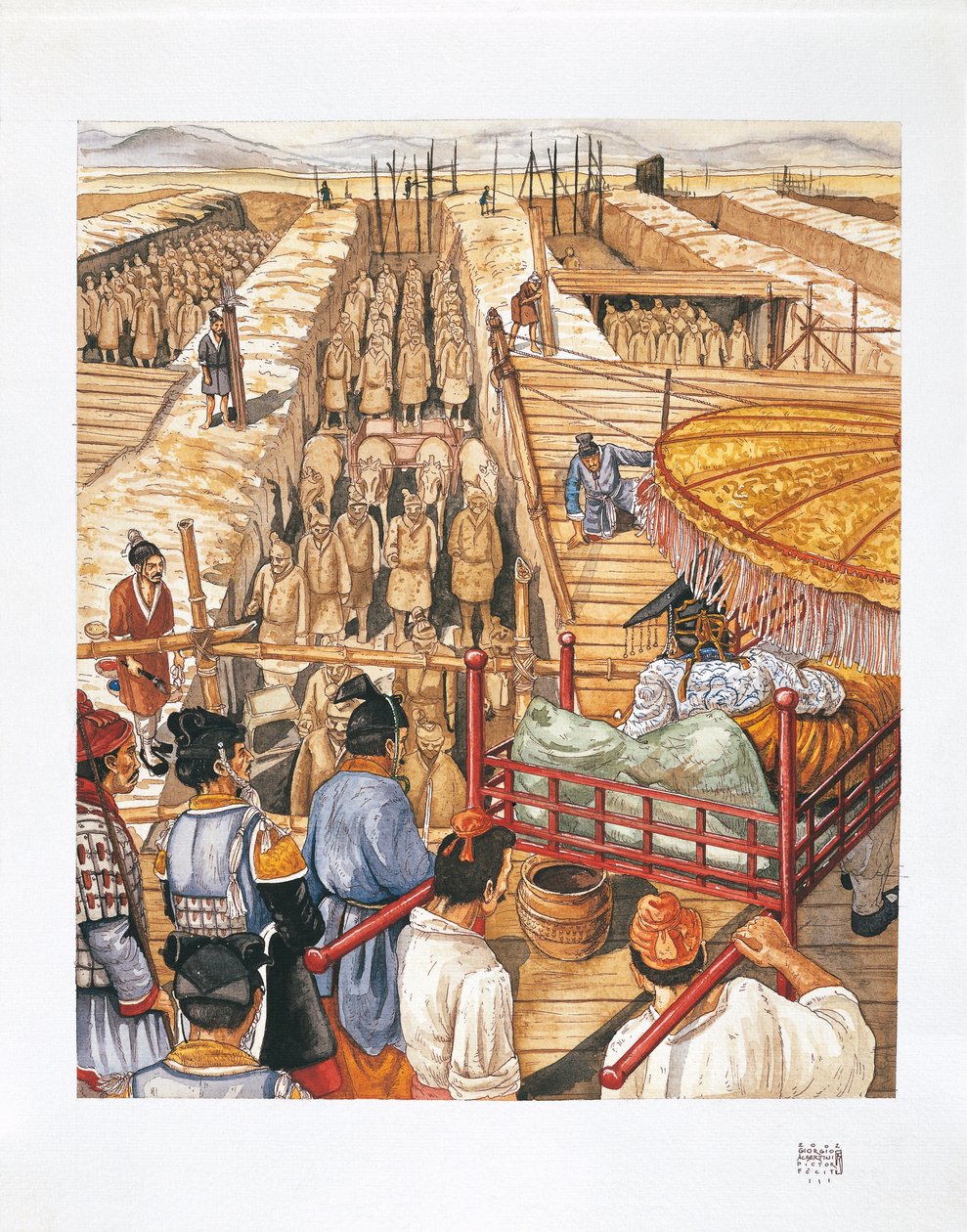 Qin Shi Huang-Ti császár mauzóleumának építése, Kr. e. 3. század (színes litográfia) alkotó: School Italian