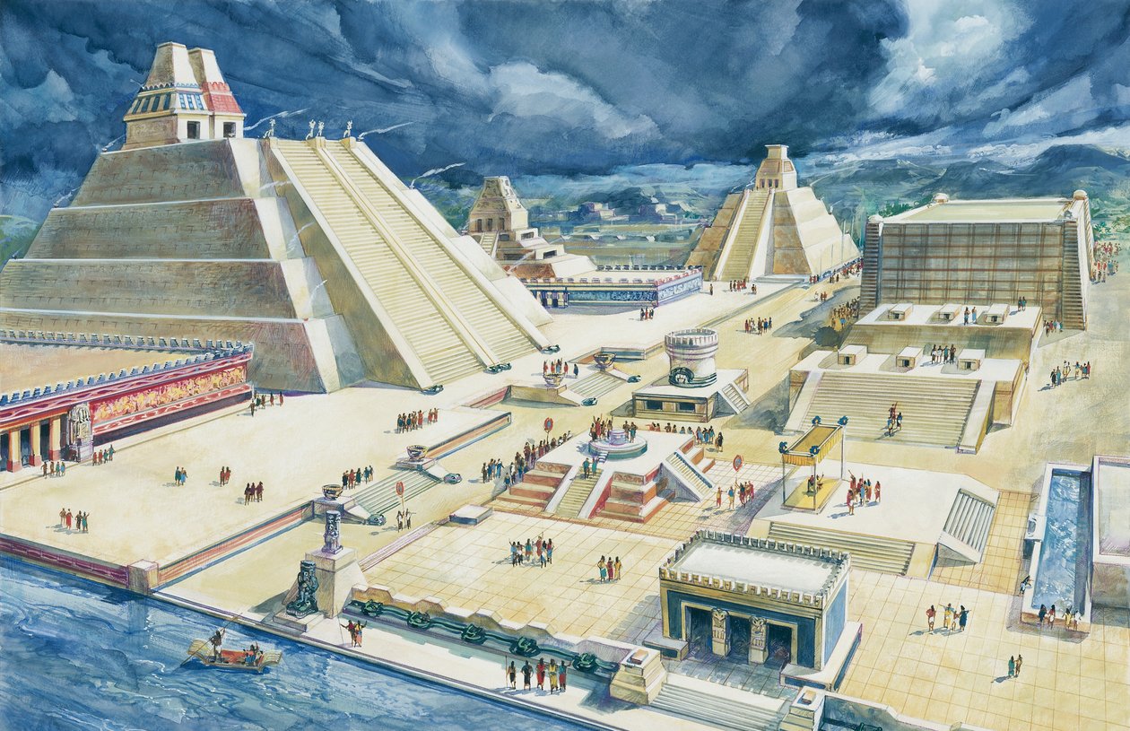 Felhők piramisok felett, Templo Mayor, Tenochtitlan, Mexikóváros, Mexikó (színes litho) alkotó: School Italian