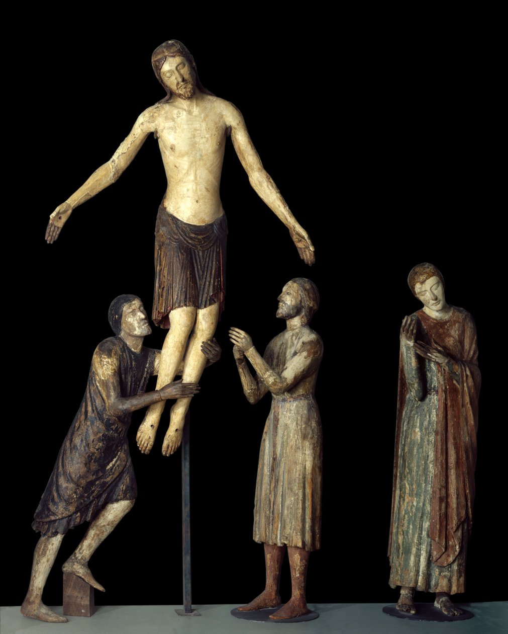 Keresztes leszállás. Szent János, Arimatheai Szent József, Szent Nikodémus Jézus Krisztus körül halott. Fafaragás. Olasz Névtelen Középkori Iskola. Párizs, Louvre Múzeum alkotó: School Italian