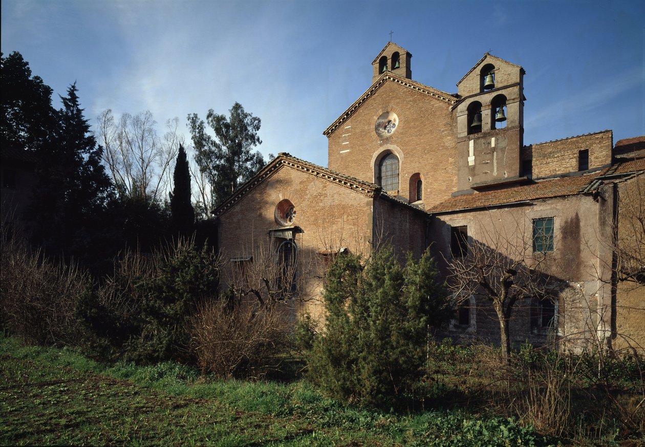 A Szent Vince és Szent Anasztáz templom külső képe, a három szökőkút apátsága (Tre-Fontane) (Chiesa dei Santi Vincenzo e Anastasio alle Tre Fontane) (A st Vincenzo e Anastasio templom külső képe, abbazia delle Tre Fontane) 625 -1 alkotó: School Italian