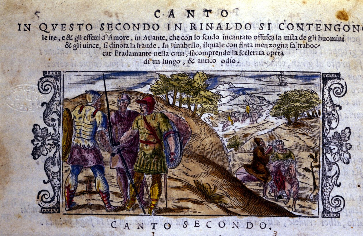 A jobb oldalon Angelique (Angelica) találkozik egy remetével, aki megállítja Renaud (Rinaldo) és Sacripant (Sacripante) harcát Bayard lóért – Ludovico Ariosto (Le Roland Furieux) című lovagi költeményéből vett jelenet. 1474-1533) alkotó: School Italian
