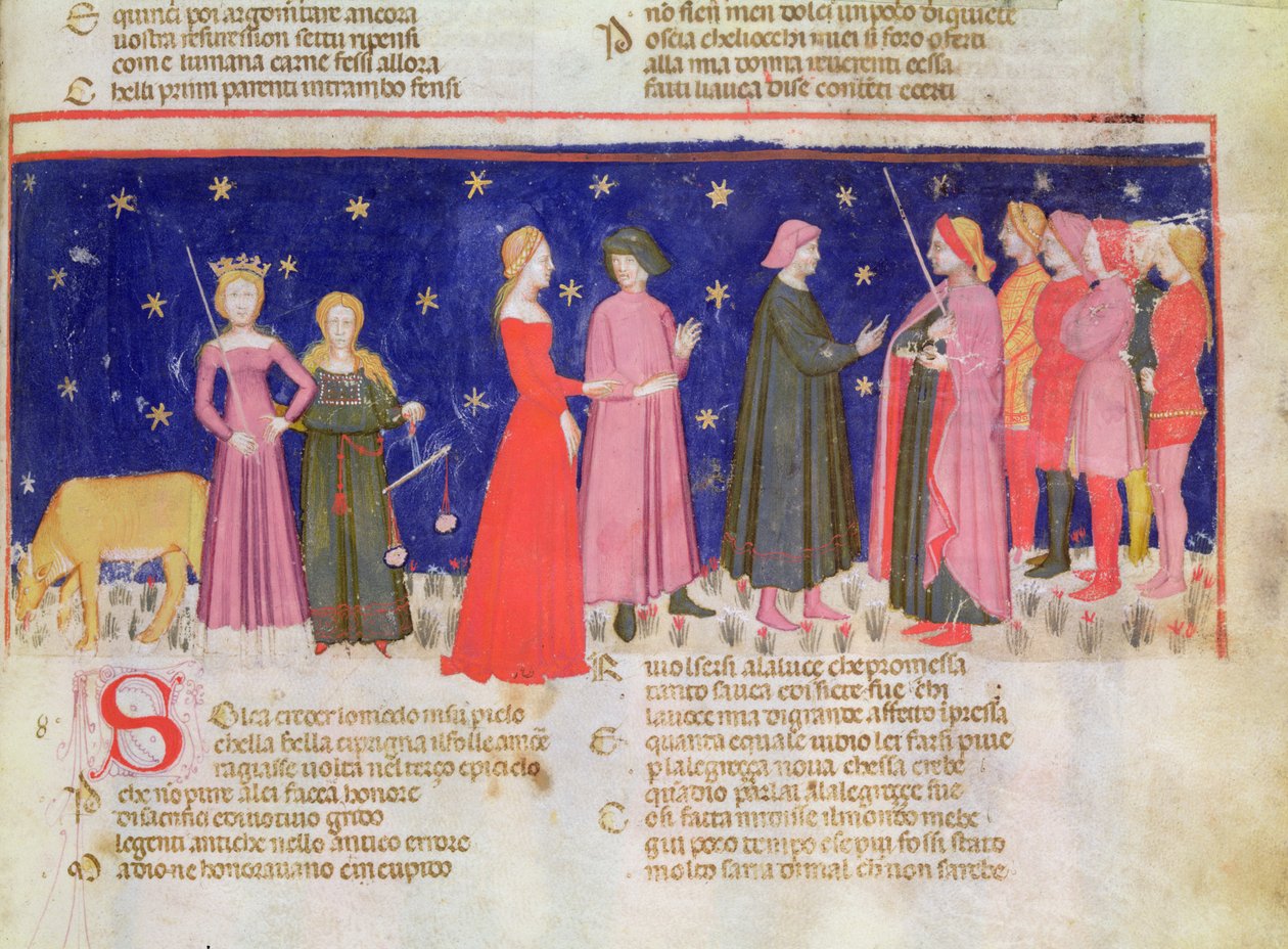 VIII. paradicsom f.58r Beszélgetés Carlo Martellóval, Dante Alighieri (1254-1321) "Isteni komédiájából" (pergamen) alkotó: School Italian