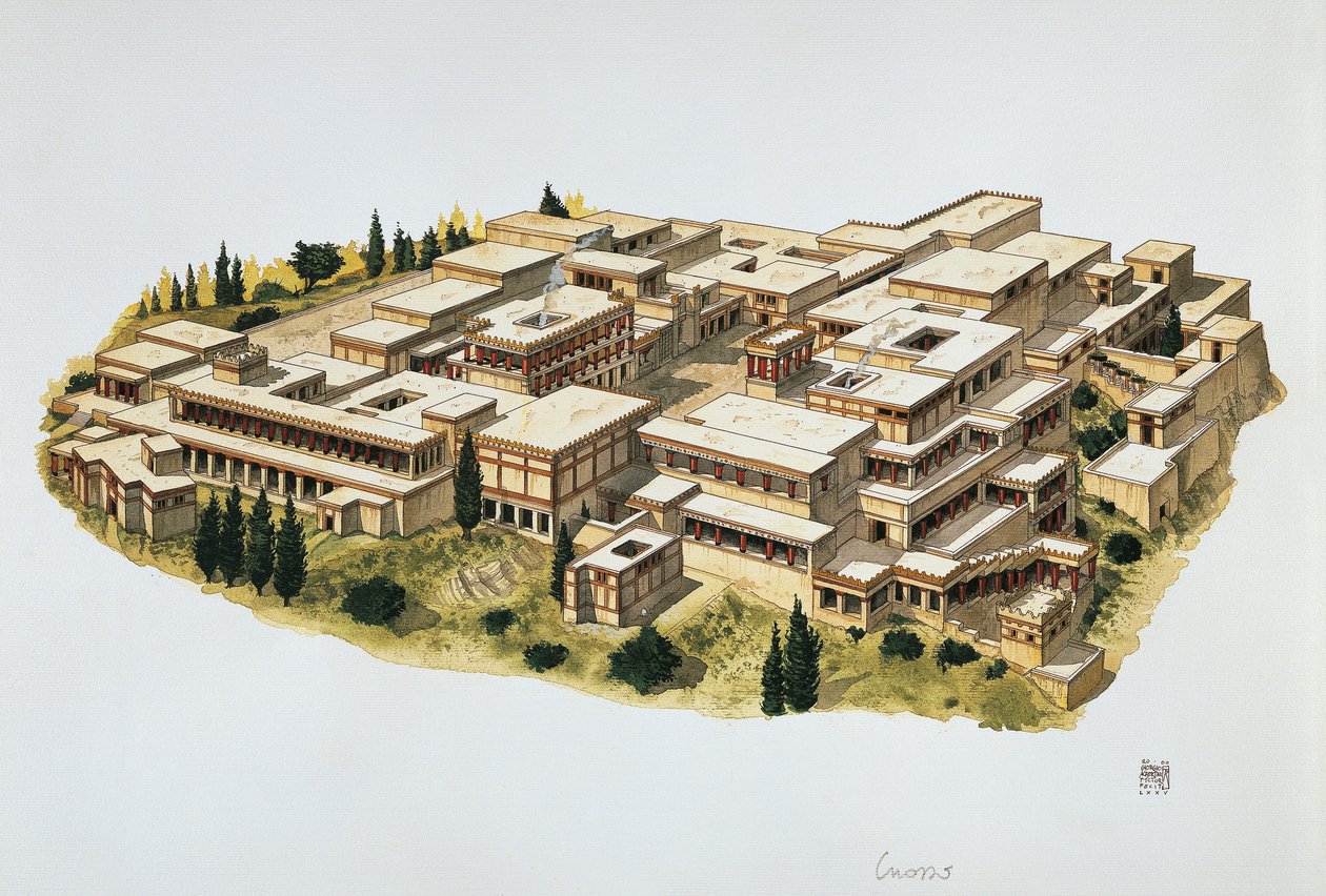 A Knossos-palota rekonstrukciója, Kréta, Kr.e. 20. század (színes litó) alkotó: School Italian