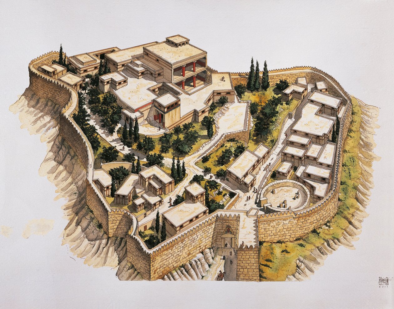 Az ókori Mükénék rekonstrukciója (színes litho) alkotó: School Italian