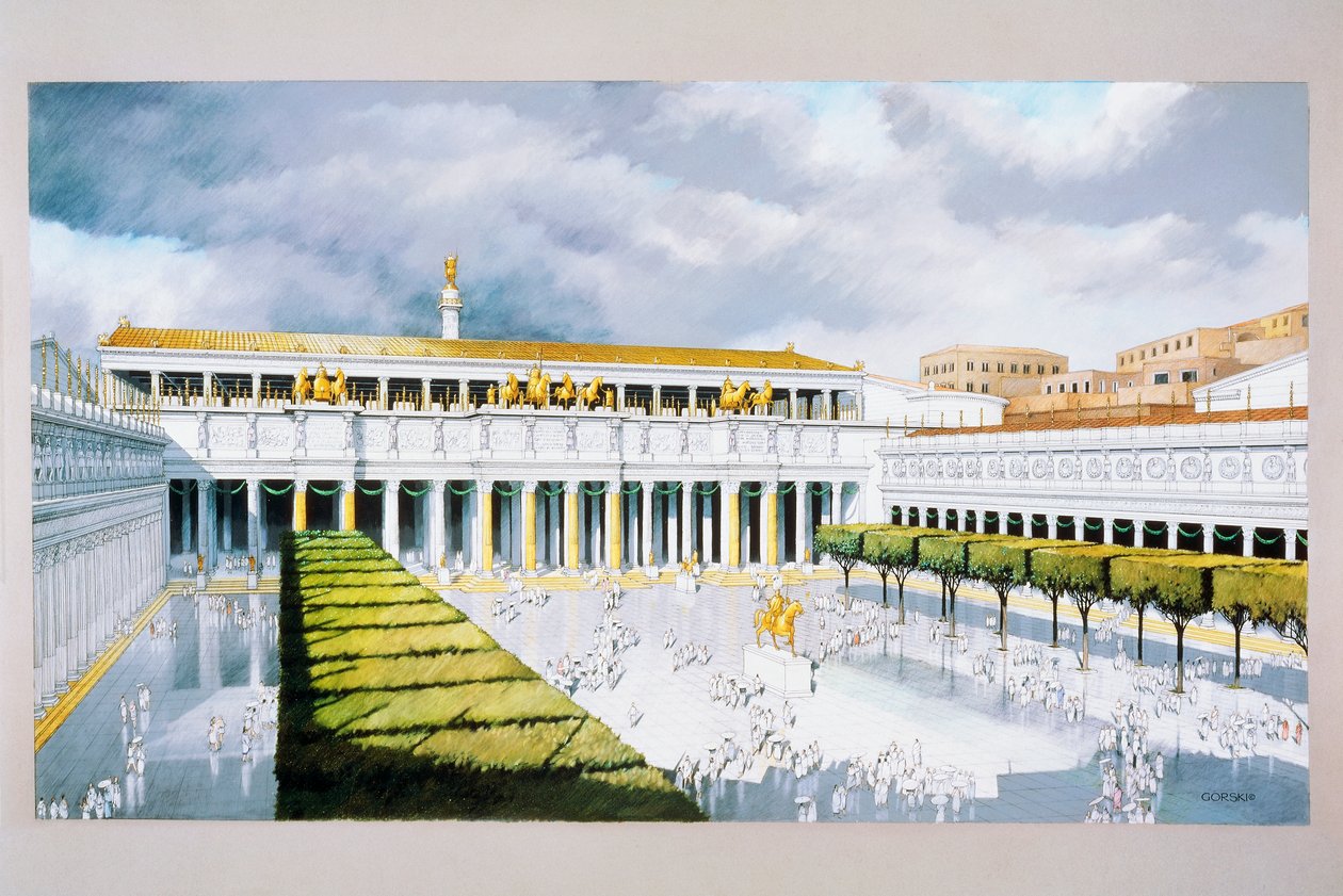 A Traianus Forum tér rekonstrukciója, Róma (színes litó) alkotó: School Italian