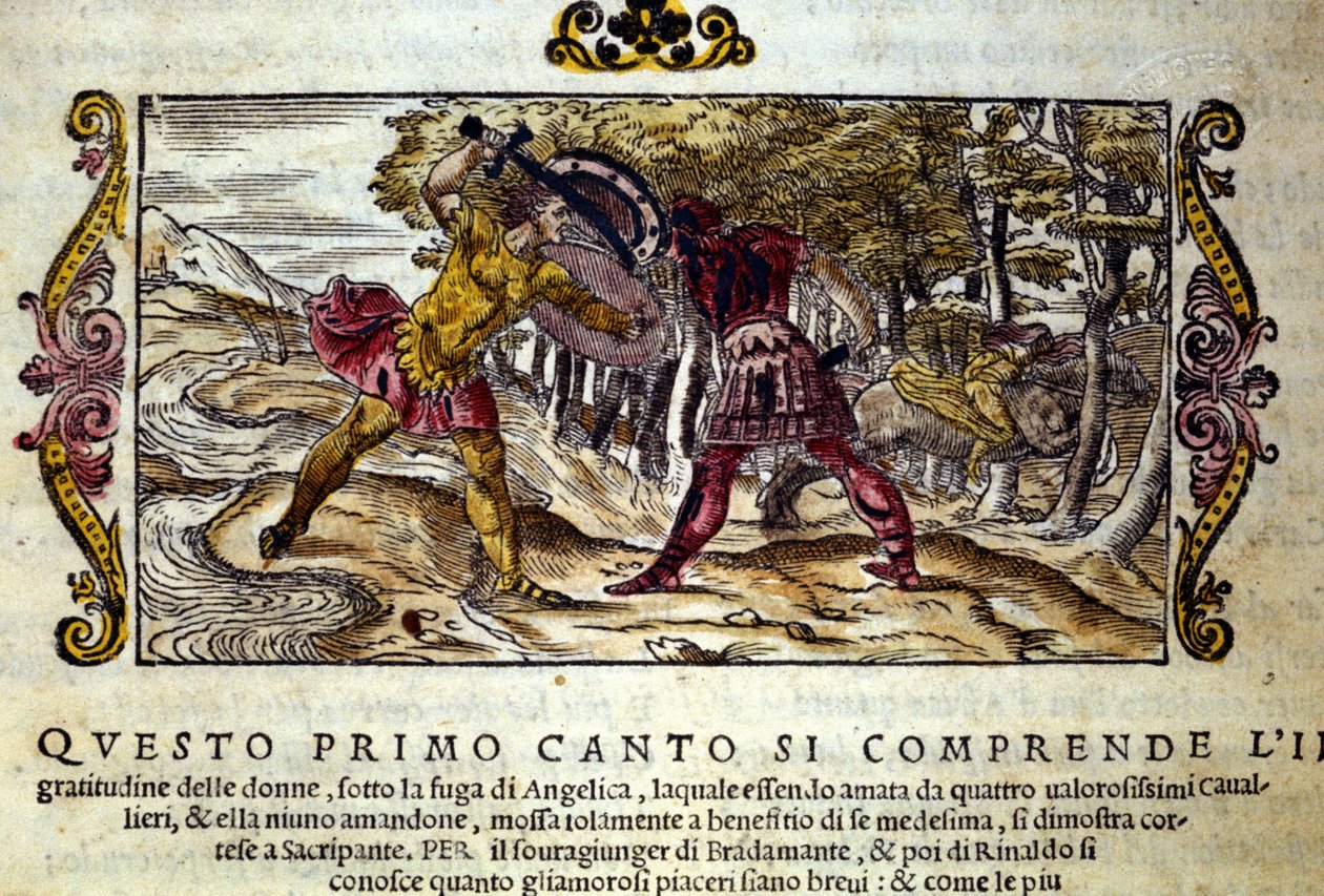 A gyönyörű Angelicába (Angelica) szerelmes Ferragus, a hajdina és Renaud (Rinaldo) harcának ábrázolása, Ludovico Ariosto (1474-1533) „Orlando Furioso” (A dühöngő Roland) című lovagkölteményéből vett jelenet. L