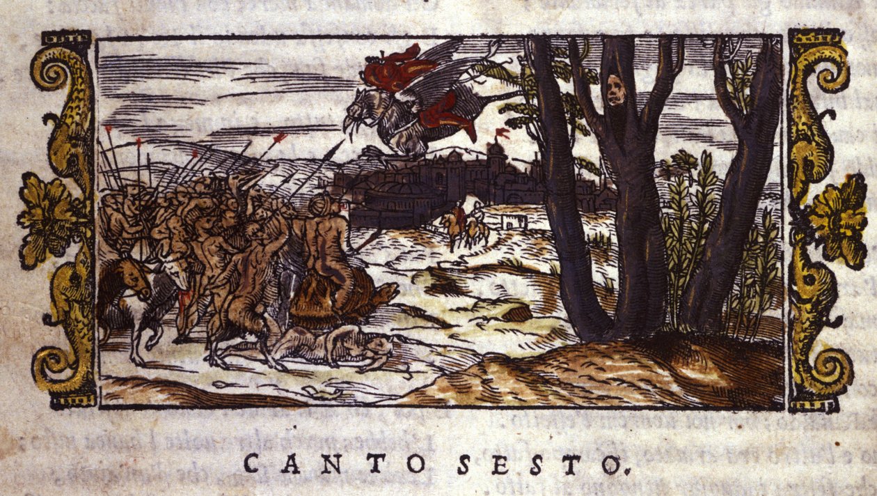 Ruggierót a víziló elviszi Alcina szigetére, ahol szörnyek serege támadja meg, jelenet Ludovico Ariosto (1474-1533) "Orlando Furioso" című darabjából. alkotó: School Italian