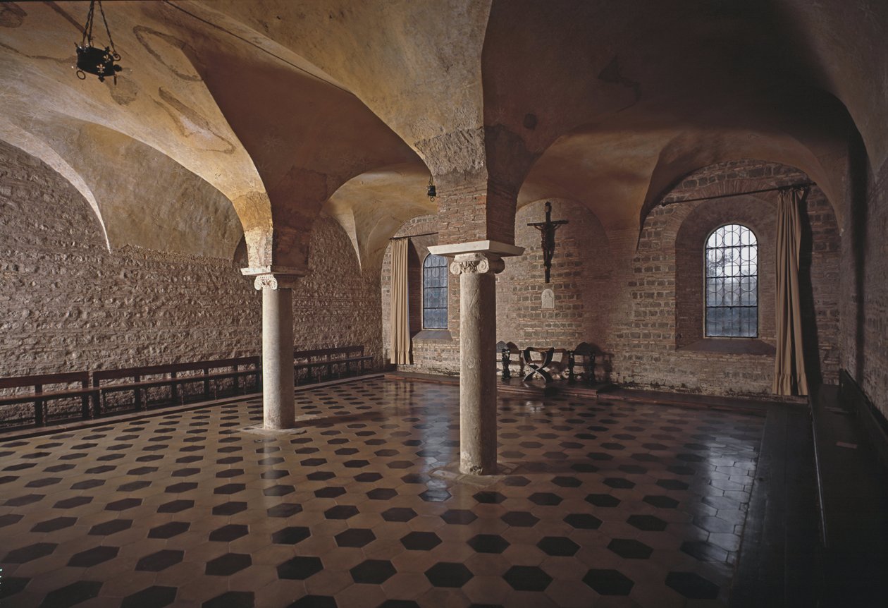 Kilátás a Szent Vince és Szent Anasztáz templom káptalantermére, a három szökőkút apátságára (Tre-Fontane) (Chiesa dei Santi Vincenzo e Anastasio alle Tre Fontane) (St Vincenzo e Anastasio templom káptalanháza, abbazia delle Tre Font alkotó: School Italian