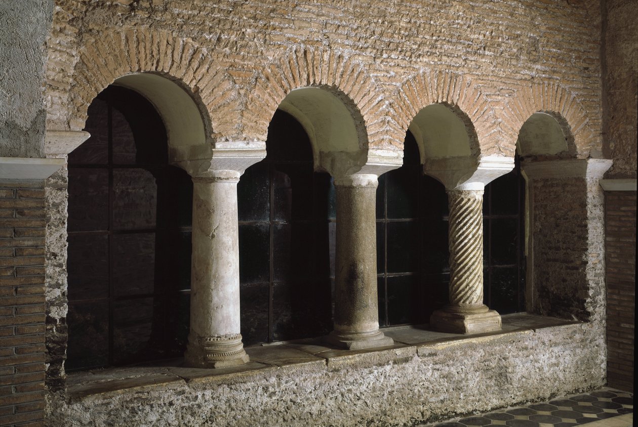 Kilátás a Szent Vince és Szent Anasztáz templom kolostorára, a három szökőkút apátságára (Tre-Fontane) (Chiesa dei Santi Vincenzo e Anastasio alle Tre Fontane) (Kilátás a st Vincenzo e Anastasio templom kolostorára, abbazia delle T alkotó: School Italian