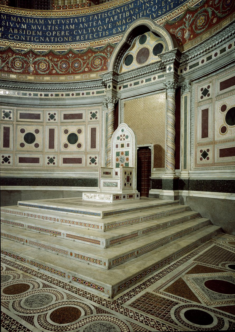 Kilátás a püspöki trónra a Laterano Szent János-bazilika (San Giovanni in Laterano) apszisának pápai szószékén. Róma alkotó: School Italian