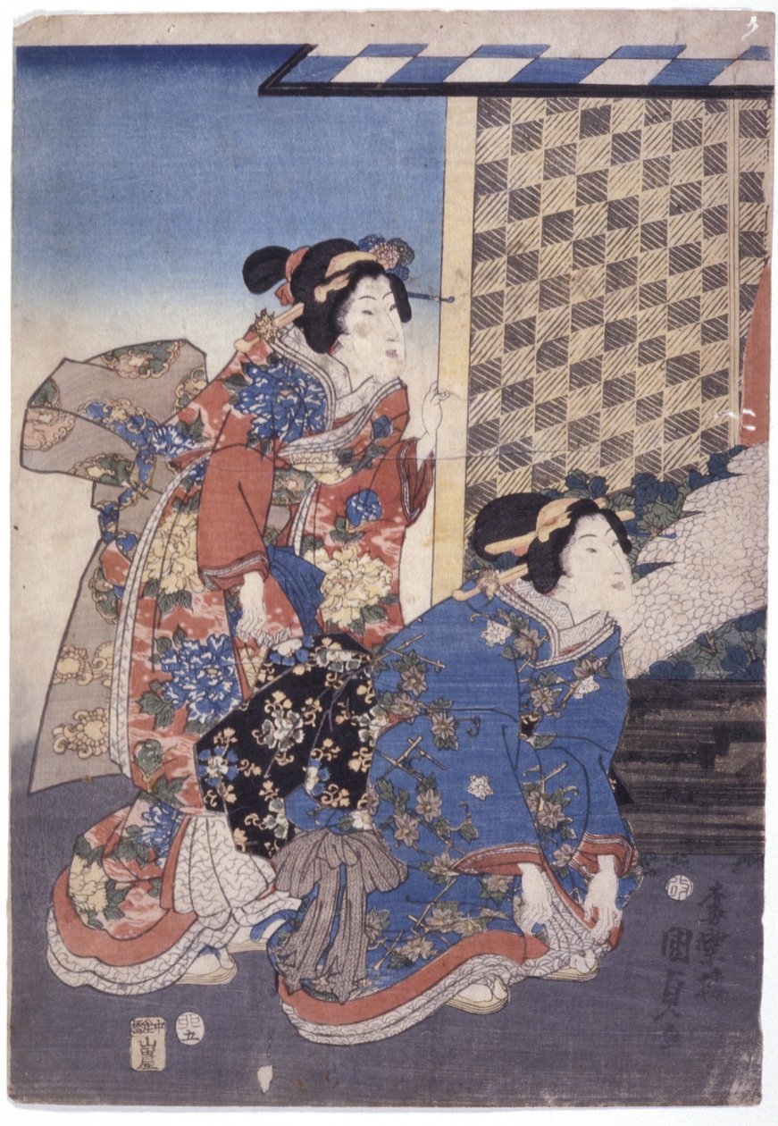 2 nő (egy térdel) (színes fametszet) alkotó: School Japanese