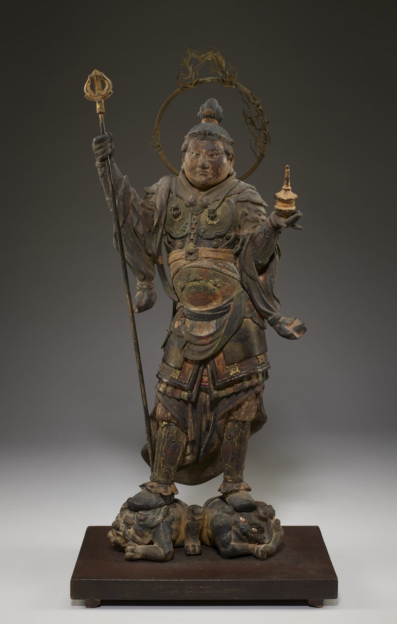 Bishamonten (Vaisravana, Észak őre) (polikróm fa, kristály, aranylevél és fém) alkotó: Japanese School