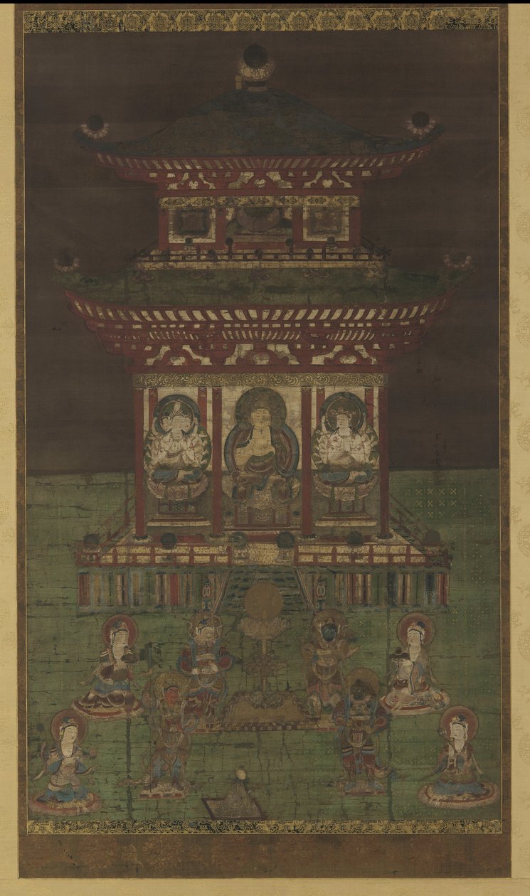 Horokaku Mandara: A Buddha és a kísérő istenségek, Heian-korszak (szín és arany selyemtáblán) alkotó: Japanese School