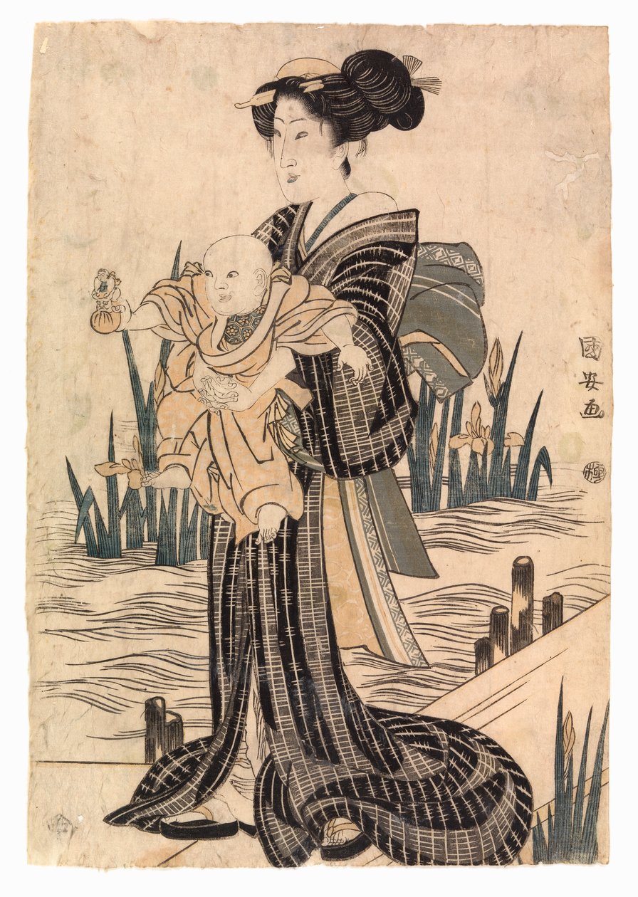 Japanese woman holding a child (colour woodblock) alkotó: School Japanese