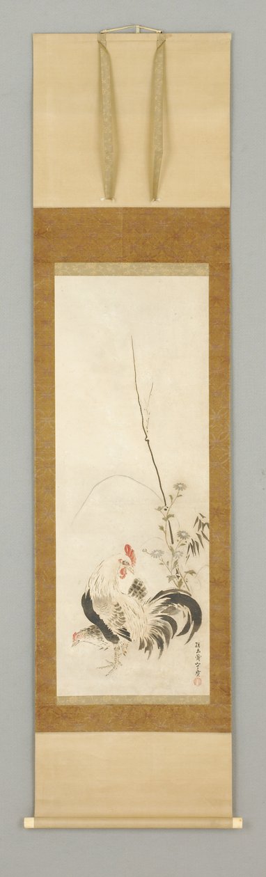 Kakemono, kakas és tyúk virágokkal alkotó: Japanese School