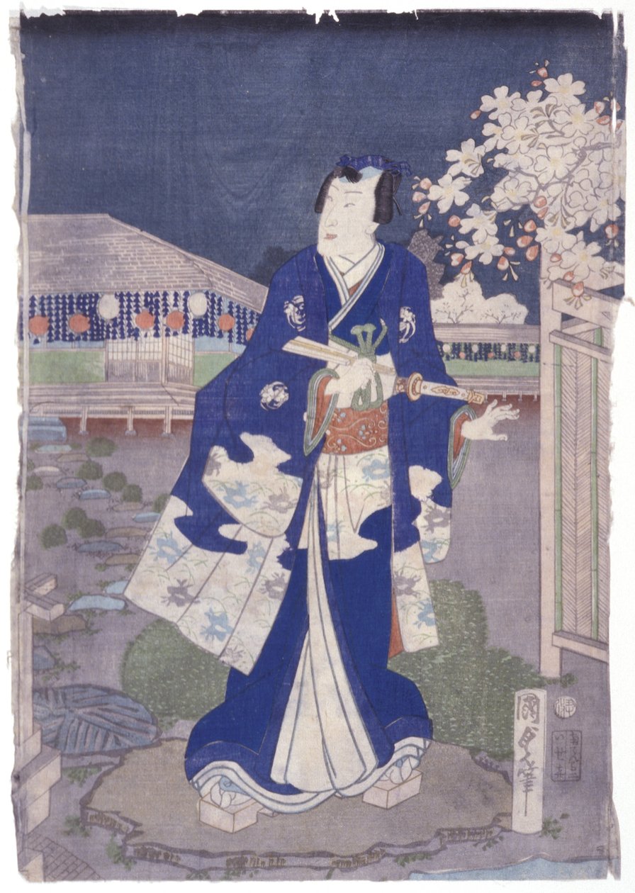 Férfi sétál a kertben ventilátorral (kirándulás) (színes fametszet) alkotó: School Japanese