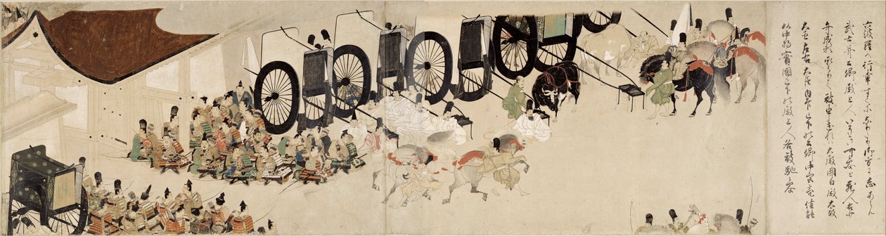 Illusztrált mese a polgárháborúról, The Imperial Visit to Rokuhara (Illustrated Tale of the Civil War, The Imperial Visit to Rokuhara) - Névtelen munka, akvarell és tus papíron, hatodik tekercs alkotó: School Japanese