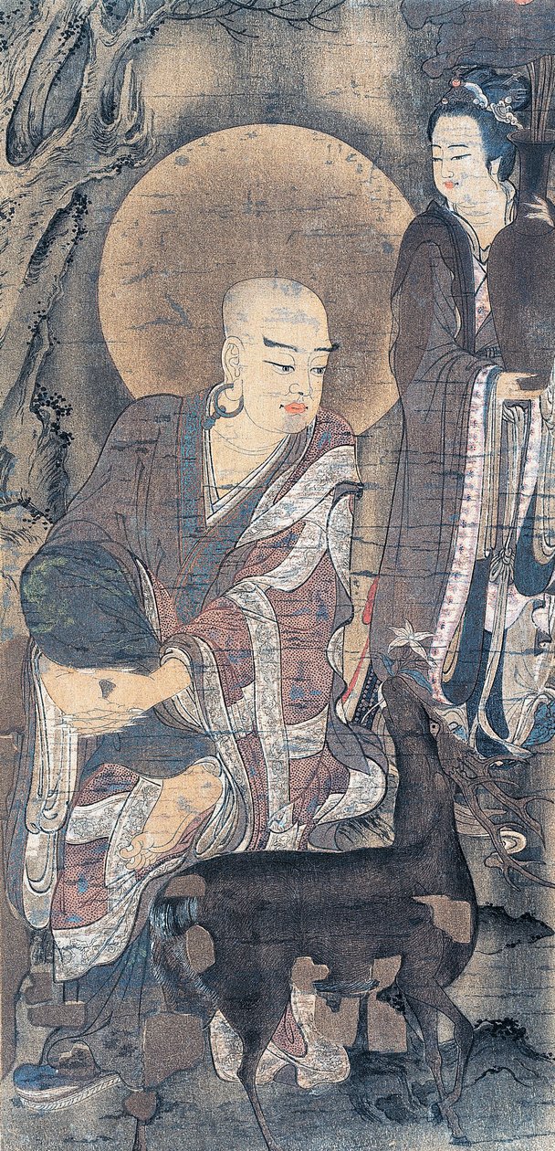 Fiatal szerzetest őzikével ábrázoló vallási festmény, selyemre festett festmény, japán civilizáció, Heian-korszak, 794-1185 alkotó: School Japanese